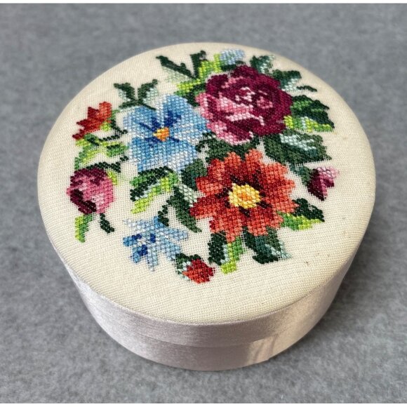 Vintage Fetco Hand Embroidered Floral Satin Round Jewelry Box 1990s - Picture 1 of 8